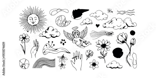 Whimsical illustration of sun flowers and abstract shapes