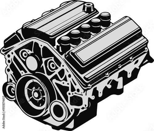 Minimalist car engine block vector sticker, bold black thick clean outline, pure white background, isolated object 1