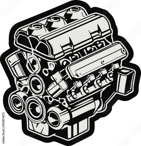 Minimalist car engine block vector sticker, bold black thick clean outline, pure white background, isolated object 2