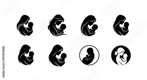 Minimal mother and baby silhouette logo set featuring emotional bonding variations including holding pose, face-to-face connection, circular emblem badge, and breastfeeding silhouette