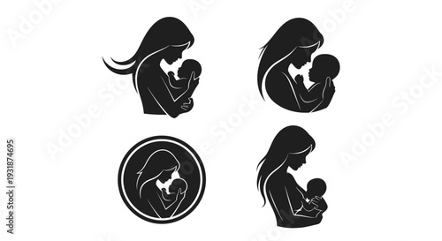 Minimal mother and baby silhouette logo set featuring emotional bonding variations including holding pose, face-to-face connection, circular emblem badge, and breastfeeding silhouette