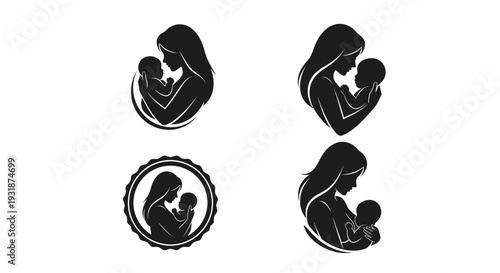 Minimal mother and baby silhouette logo set featuring emotional bonding variations including holding pose, face-to-face connection, circular emblem badge, and breastfeeding silhouette