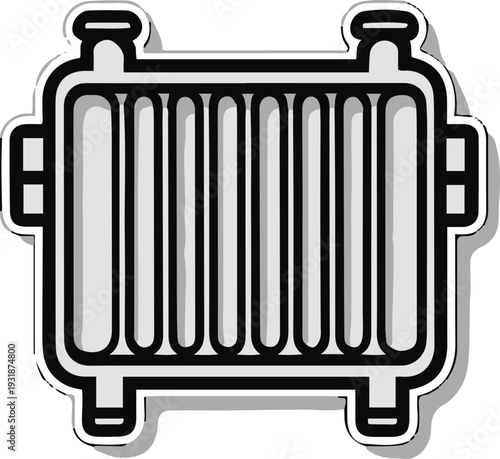 Minimalist car radiator unit vector sticker, bold black thick clean outline, pure white background, isolated object