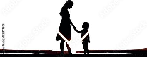 Silhouette of mother and child holding hands beneath glowing heart at sunset