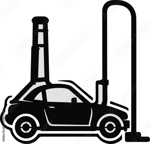 Minimalist hydraulic car jack lift vector sticker, bold black thick clean outline, pure white background, isolated object 1