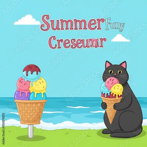 Cartoon black feline enjoys a colorful triple scoop frozen dessert near the ocean