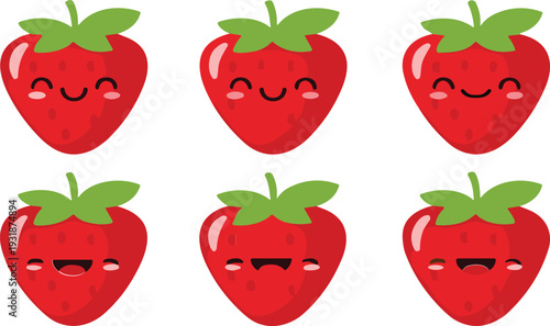 Cute Kawaii Strawberry Set with Different Funny Faces Smiling Fruit Cartoon Flat Vector Illustration