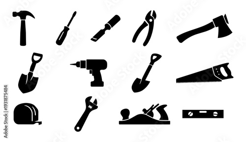 Hand Tool Silhouettes Set – Hammer, Wrench, Screwdriver, Saw, Drill, Shovel, Axe – Black Construction Icons Collection