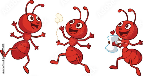 Cute Red Ant Cartoon Character Set Running Carrying Food Funny Insect Vector Illustration Collection