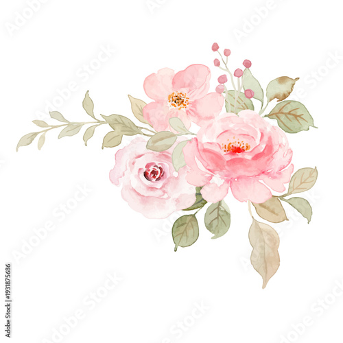 Floral design elements set, watercolor pink roses bouquet, red poppy field border, and wild spring flowers collection isolated on Transparent  Background PNG.