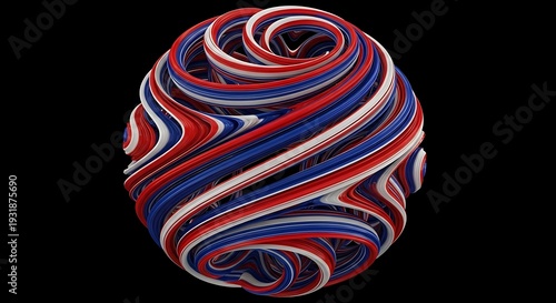 Intricate three dimensional abstract sphere composed of swirling red white and blue strands against a dark backdrop