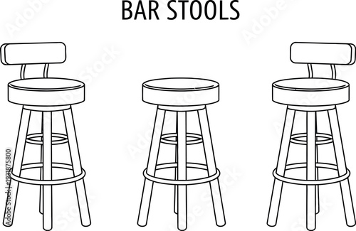 Line art illustration featuring three classic bar stools with round padded seats and backs