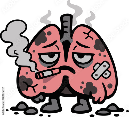 Unhealthy Smoking Damaged Lungs Cartoon Illustration