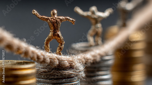 Market Balance Gymnastics Concept With Tightrope Made From Currency Thread, Stability Control Focus
