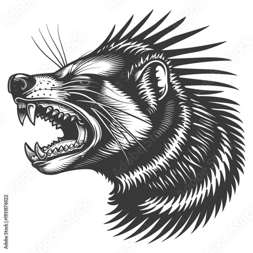 Aggressive Black and White Illustration of a Wolverine Head