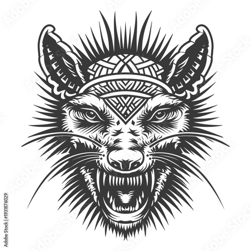 Aggressive stylized animal head with tribal patterned headwear