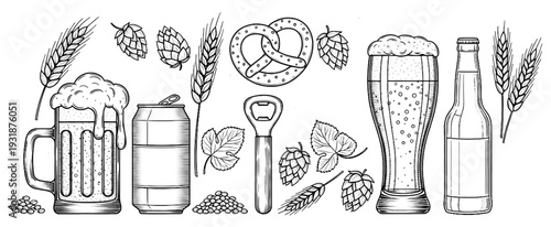 Hand drawn line art beer set featuring mugs, glasses, bottles, cans, pretzels, hops, wheat, and a bottle opener for brewery designs and celebrations