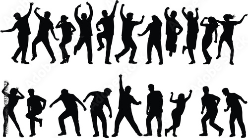 Dancing people silhouette collection, party celebration crowd poses, energetic men and women vector illustration isolated on white background