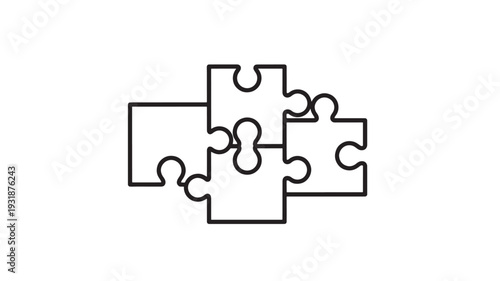 Connected puzzle pieces in minimalist style with simple black lines on white background for teamwork illustration