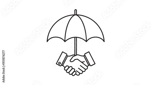 Handshake under umbrella in minimalist line art with monochrome color for insurance and protection