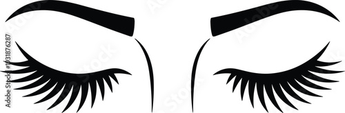 Closed eyes with long eyelashes and eyebrows, beauty makeup salon icon, black feminine silhouette vector isolated on white background
