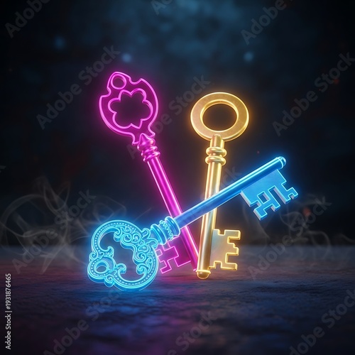 Three antique style keys illuminated with vibrant neon lighting cross in a dark setting