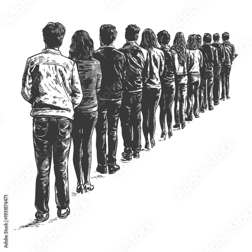 A Line of People Viewed From Behind in a Woodcut Style