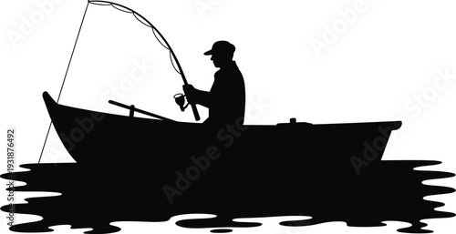 Fisherman silhouette in boat, man fishing on lake with rod, outdoor recreation vector isolated illustration design