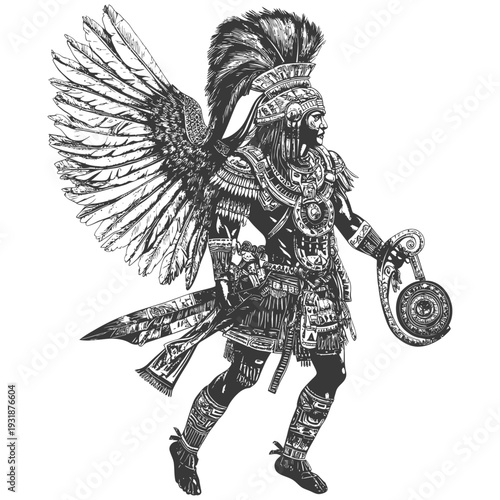 An Aztec Warrior with Feathered Headdress and Winged Garment