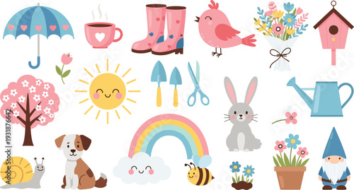 Cute Spring Garden Elements Collection with Flowers Animals Rainbow and Sunny Weather Vector Illustration Set