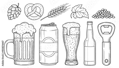 Hand drawn line art beer set featuring mugs, glasses, bottles, cans, pretzels, hops, wheat, and a bottle opener for brewery designs and celebrations