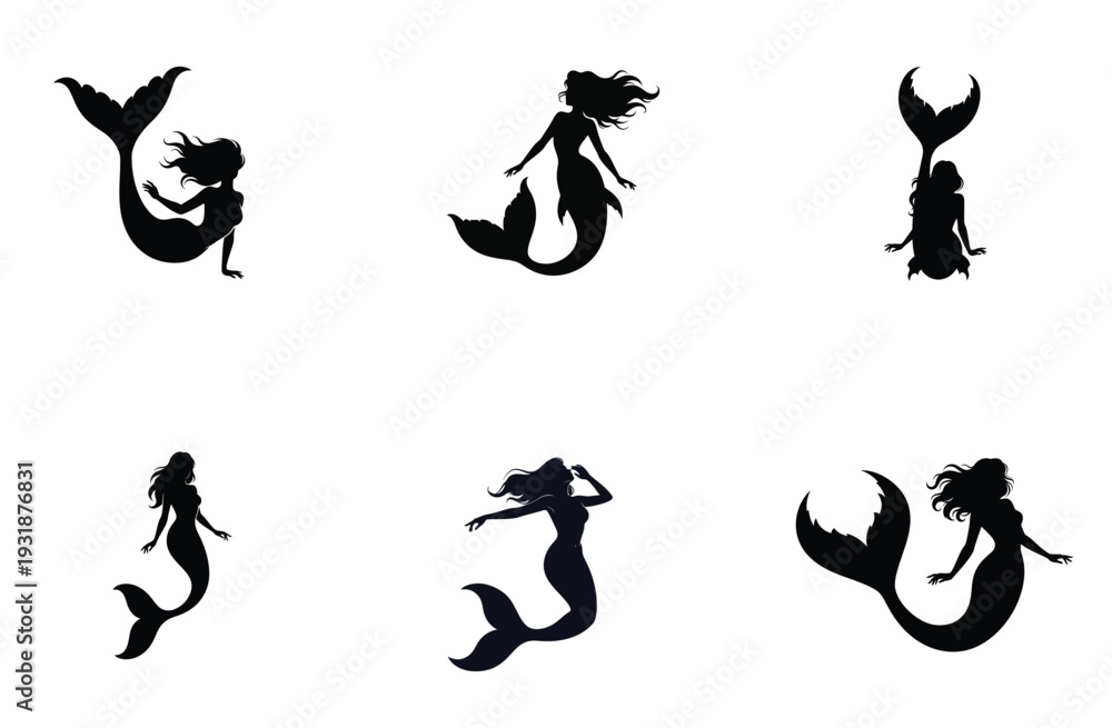 Obraz premium Mermaid Silhouette Set Black Vector Illustration