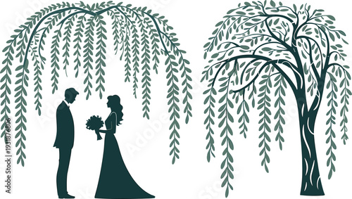 Romantic wedding couple silhouette under willow tree, bride and groom illustration, elegant nature vector design isolated on white background art