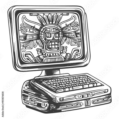 Ancient Mayan Deity Displayed on a Vintage Computer Monitor