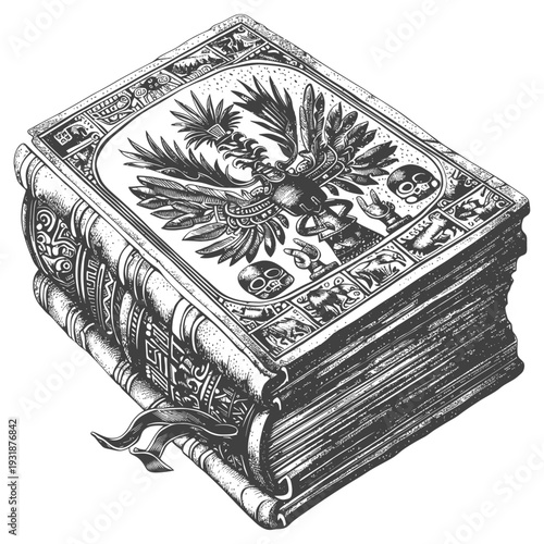 Ancient Book with Intricate Aztec-Inspired Artwork and Imagery