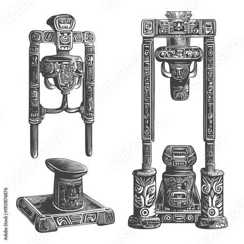 Ancient Mayan Carved Stone Idols and an Altar