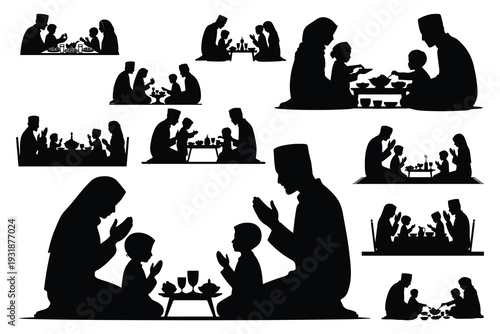 Black silhouettes of people praying and eating white background