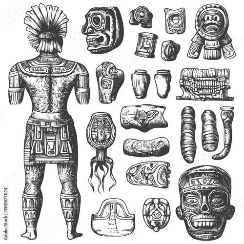 Ancient Mayan Sculpture of a Figure Wearing Elaborate Headwear