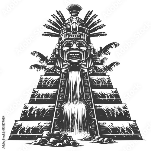 Ancient Mayan Temple with Waterfall and Feathers
