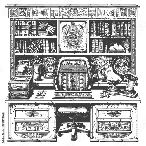 Ancient Mayan-Style Desk with Carvings and Artifacts