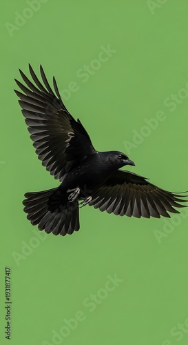 Dark feathered corvid animal captured in full flight against a solid bright green backdrop