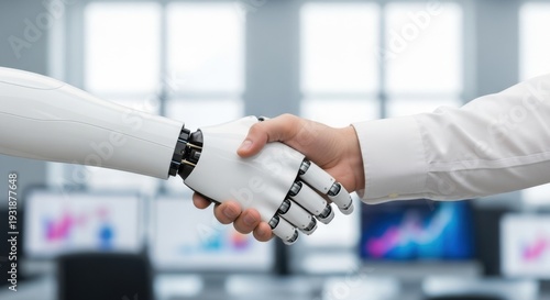 Closeup of a handshake between a robot and a businessman in an office: concept of a successful interview, closing a deal, future HR management and hiring the best candidate using artificial