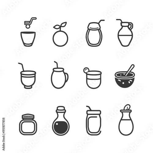 A Set of 12 Line Icons Representing Yerba Mate Beverages and Accessories