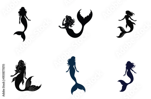 Mermaid Silhouette Set Elegant Mythical Creatures Vector Illustration