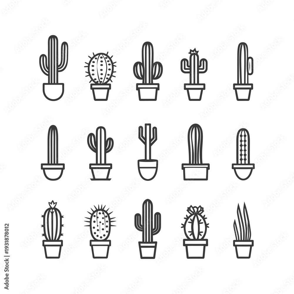 Fototapeta premium A Set of 15 Different Cactus Line Drawings in Pots