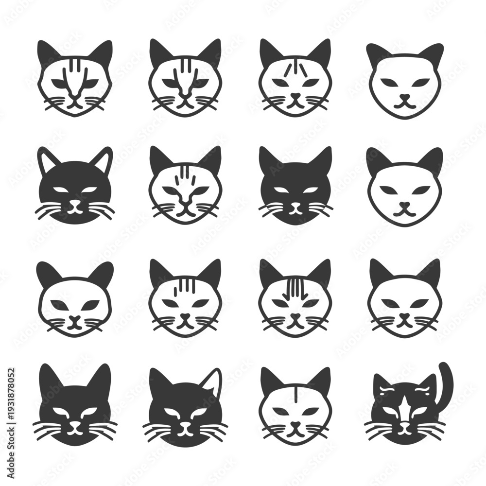 Fototapeta premium A Set of 16 Black and White Cat Face Icons