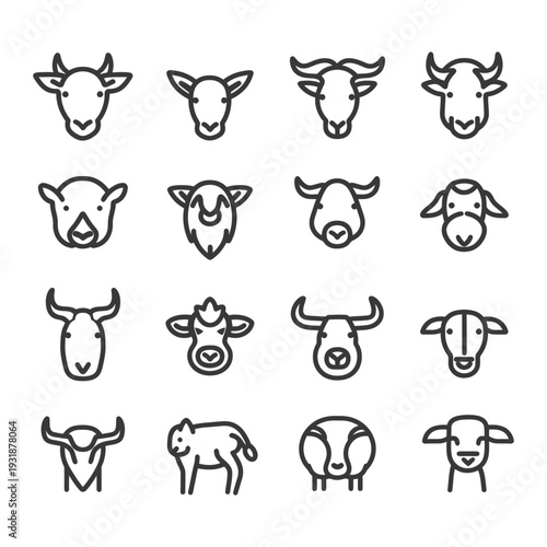 A Set of 16 Black and White Line Art Animal Icons Depicting Various Cow, Goat, and Sheep Breeds