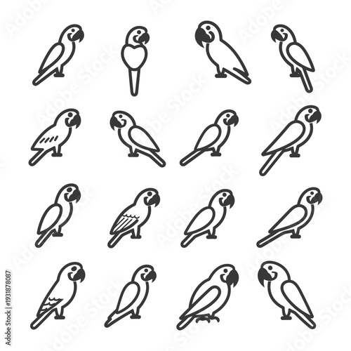 A Set of 16 Black and White Parrot Icons in Various Poses