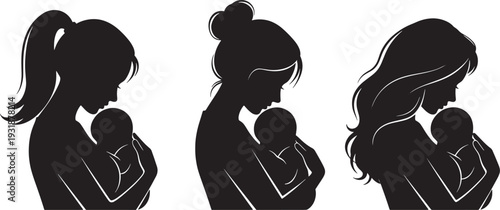 Mothers gently cradling babies in their arms, silhouetted against a simple background, viewed from the side.
