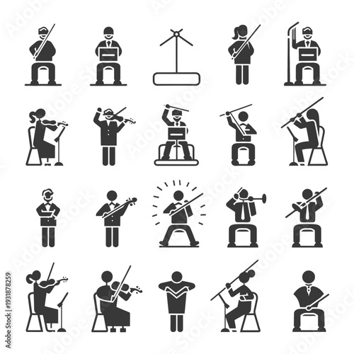 A Set of 16 Black and White Silhouettes Depicting Orchestra Musicians